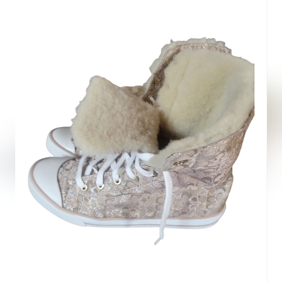 Coach Bonney Shearling Women's Lace-Up Metallic Strip High-Top Sneakers 7 1/2B - Picture 3 of 8